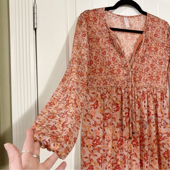 XHILERATION Dusty peach floral maxi dress boho cottagecore sundress ~ XS SMALL - Picture 4 of 15
